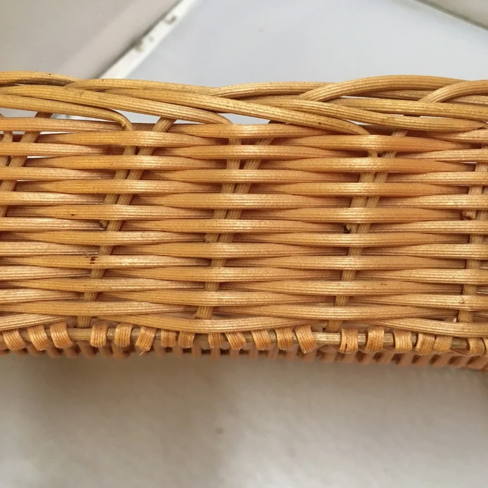 Wicker Serving Basket Medium Tan Rectangular Woven Tray Cottagecore Swing Handle